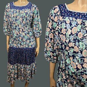 Vintage 70s Prairie Midi Dress Size S Blue Floral Boho Peasant Cottagecore
